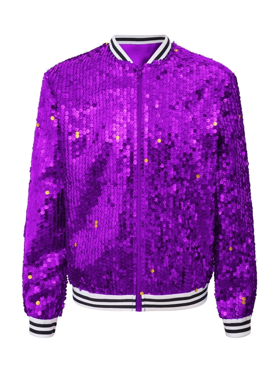 Girls Sequin Bomber Jacket Lightweight Sparkle Long Sleeve Zipper Jacket Coat for Kids Dancing Purple 8