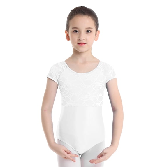Kaerm Girls Short Sleeves Floral Lace Bowtie Back Ballet Dance Gymnastics Leotard Bodysuit Dancewear White 12-14