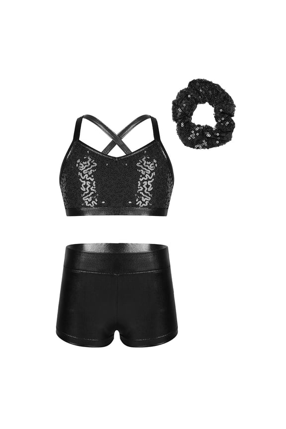 Girls Sparkle Dance Suit Sleeveless Crop Top Bra with Shorts 3Pcs Outfits Jazz Hip Hop Black 12