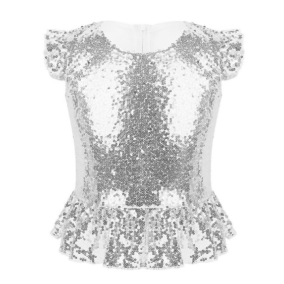 Kaerm Girls Sparkly Sequin Tops Short Flutter Sleeves Crewneck Glitter Blouse Shirt for Dance Party Silver 14