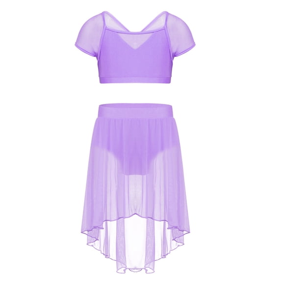 Kaerm Girls Two Piece Lyrical Dance Outfit Contemporary Mesh Splice Crop Top with High Low Skirt Set Lavender 8