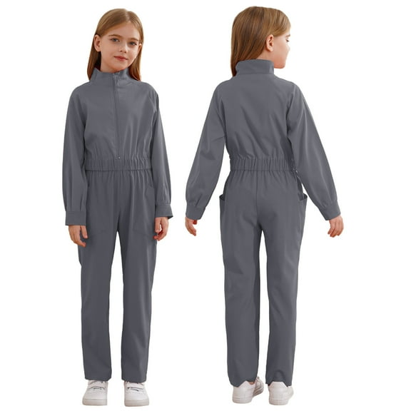 Kaerm Girls Zipper Front Coverall Stand Collar Flight Suit Mechanic Jumpsuit Halloween Costume 5-16 Years Gray 6