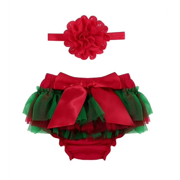 Kaerm Infant Baby Girls Pink Bloomers with Flower Headband Set Birthday Photography Dress Up Red&Green L