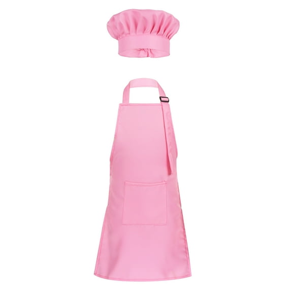 Kaerm Kids Apron and Chef Hat Set Cook Adjustable Bib Apron with Packet Hat Outfit for Kitchen Pink M