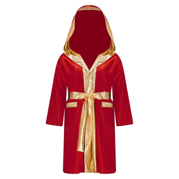 Kaerm Kids Boys Boxing Costume Halloween Carnival Boxer Cosplay Cloak Metallic Hooded Boxing Robe Burgundy 16
