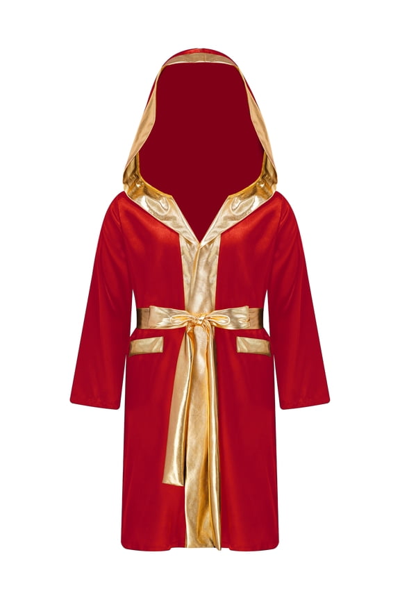 Kids Boys Boxing Costume Halloween Carnival Boxer Cosplay Cloak Metallic Hooded Boxing Robe Burgundy 16