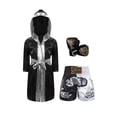 thumbnail image 1 of Kaerm Kids Boys Boxing Costumes Kickboxing Boxer Outfits Hooded Cloak Robe + Muay Thai Shorts Gloves Black&Silver 12, 1 of 5