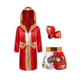 thumbnail image 1 of Kaerm Kids Boys Boxing Costumes Kickboxing Boxer Outfits Hooded Cloak Robe + Muay Thai Shorts Gloves Burgundy&Yellow 6, 1 of 5