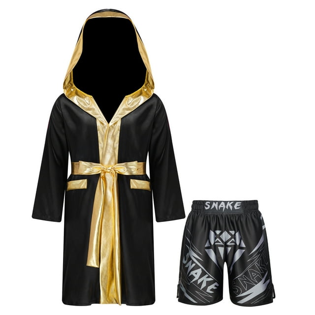 Kaerm Kids Boys Boxing Outfit Satin Long Sleeve Boxer Robe Hooded Grown Cloak Thai Boxing Shorts B6 10