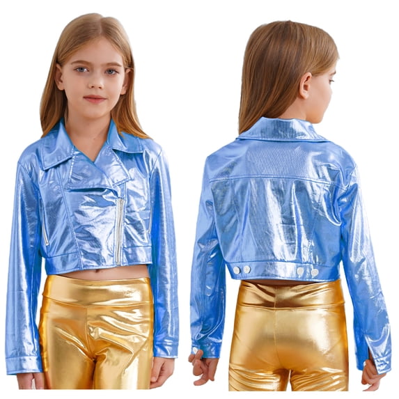 Kaerm Kids Boys Girls Metallic Biker Coat Long Sleeve Spring Motorcycle Jacket PU Zipper Outwear Crop Top Blue 6