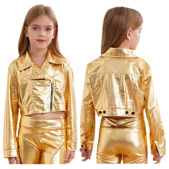 Kaerm Kids Boys Girls Metallic Biker Coat Long Sleeve Spring Motorcycle Jacket PU Zipper Outwear Crop Top Gold 6