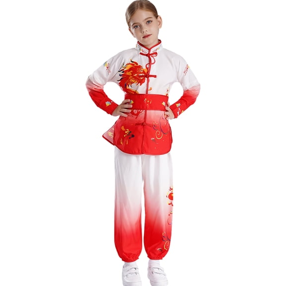 Kaerm Kids Chinese Kung Fu Suit Tai Chi Wind Chun Practice Uniform Printed Button Tops with Pants Red 150