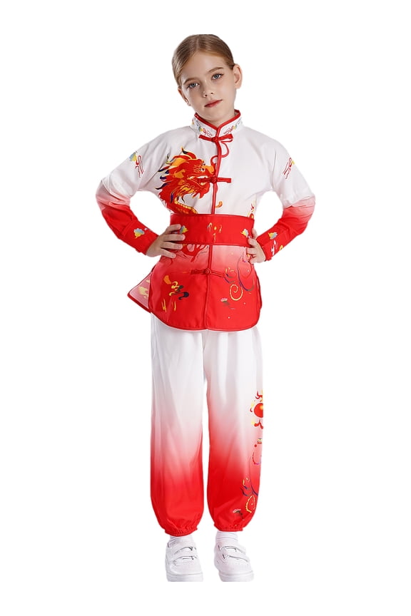 Kids Chinese Kung Fu Suit Tai Chi Wind Chun Practice Uniform Printed Button Tops with Pants Red 150