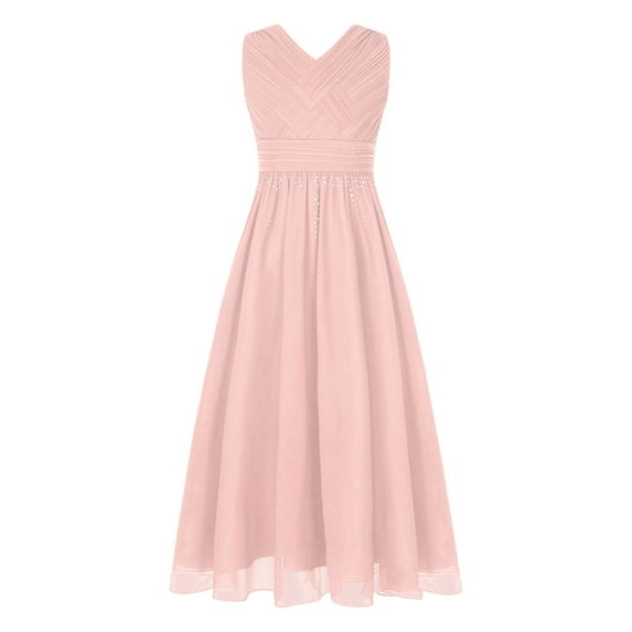 Kaerm Kids Flower Girl Sparkly Rhinestones Dress V Neck Ruched Princess Wedding Bridesmaid Birthday Pink 8