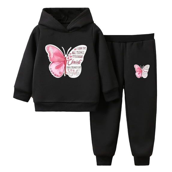 Kaerm Kids Girl Tracksuit Long Sleeve Hoodie Fleece Butterfly Print Sweatshirt with Sweatpant Black 120