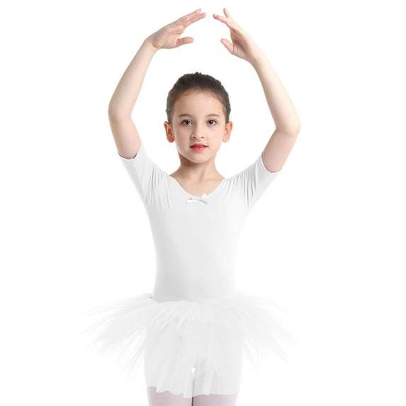 Kaerm Kids Girl's Short Sleeved Cross Back Gymnastics Ballet Dance Leotard Dress White 10-12