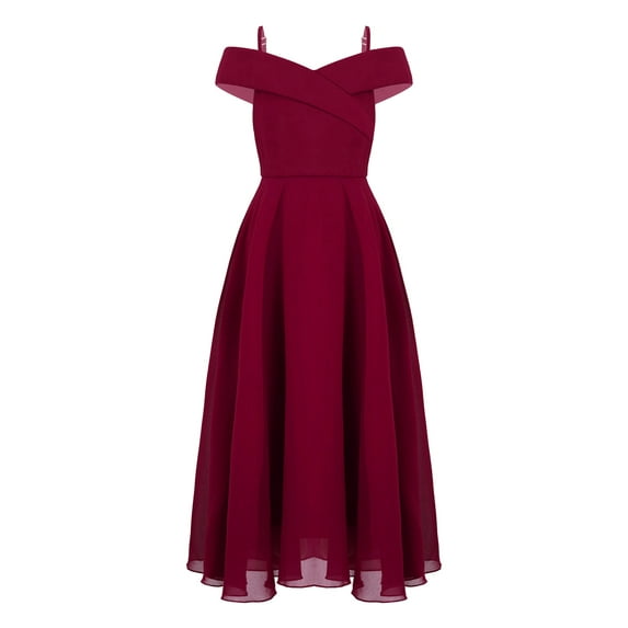 Kaerm Kids Girls Adjustable Spaghetti Strap Chiffon Dress Elegant Sleeveless Off Shoulder A-Line Burgundy 14
