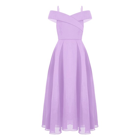 Kaerm Kids Girls Adjustable Spaghetti Strap Chiffon Dress Elegant Sleeveless Off Shoulder A-Line Lavender 10