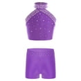 thumbnail image 1 of Kaerm Kids Girls Ballet Dance Gymnastic Tracksuit Sleeveless Shiny Rhinestone Crop Tops with Shorts Purple 14, 1 of 5
