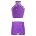 thumbnail image 1 of Kaerm Kids Girls Ballet Dance Gymnastic Tracksuit Sleeveless Shiny Rhinestone Crop Tops with Shorts Purple 8, 1 of 5