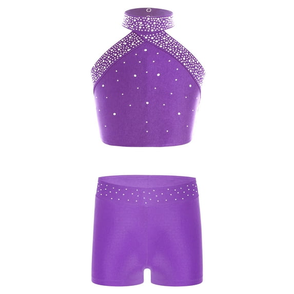 Kaerm Kids Girls Ballet Dance Gymnastic Tracksuit Sleeveless Shiny Rhinestone Crop Tops with Shorts Purple 8