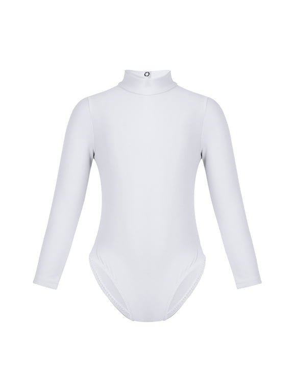 Kids Girls Basic Turtleneck Long Sleeve Leotard Gymnastics Ballet Dancewear for Toddler White 7-8