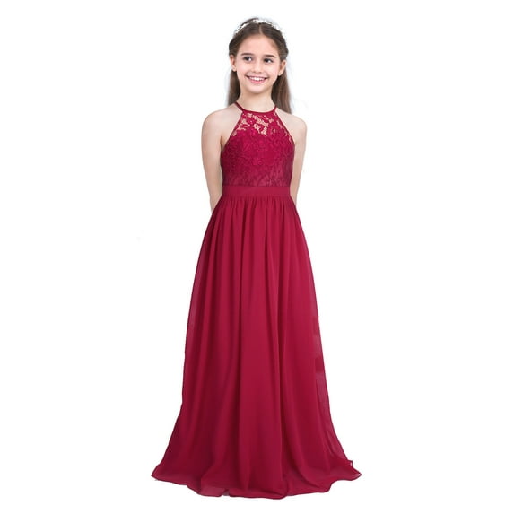 Kaerm Kids Girls Chiffon Halter Lace Wedding Bridesmaid Flower Girl Dress Long Maxi Party Ball Gown Burgundy 8