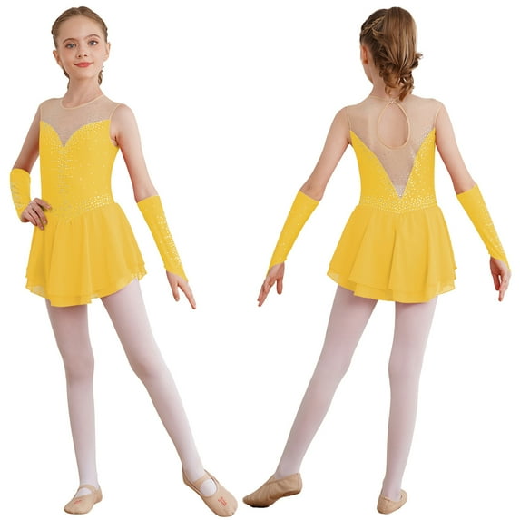 Kaerm Kids Girls Figure Ice Roller Skating Dance Dress Modern Jazz Ballet Leotard Dress with Gloves Dancewear Yellow 12