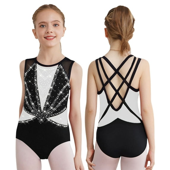 Kaerm Kids Girls Gymnastics Leotards Bodysuits Glittery Rhinestones Crisscross Back Sleeveless Jumpsuits White 6