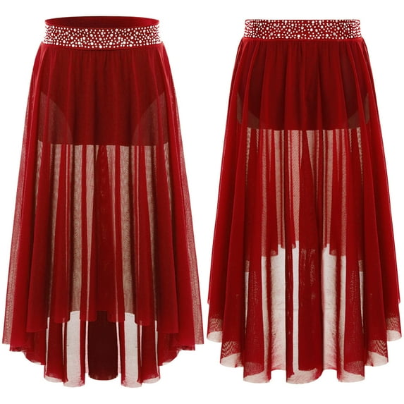 Kaerm Kids Girls High-low Long Lyrical Dance Skirt Shiny Sheer Flowy Skirt Sparkly Ballet Dance Tutu Dress Burgundy 8