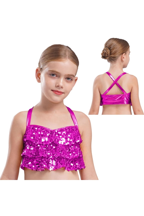 Kids Girls Hip Hop Jazz Ballet Dance Crop Tops Ruffle Camisole Gymnastics Tank Vest Shirt Sport Bra Hot Pink 6