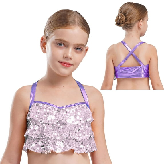Kaerm Kids Girls Hip Hop Jazz Ballet Dance Crop Tops Ruffle Camisole Gymnastics Tank Vest Shirt Sport Bra Light Purple 16