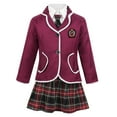 thumbnail image 1 of Kaerm Kids Girls Japanese School Uniform Anime Outfits Long Sleeve Coat with Shirt Tie Mini Skirt Set Burgundy 10-12, 1 of 7