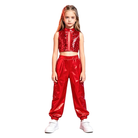 Kaerm Kids Girls Jazz Street Hip Hop Dance Outfit Sleeveless Sequin Crop Top with Pants Sets Red 16