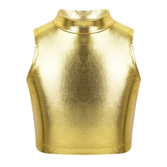 Kaerm Kids Girls Metallic Mock Neck Crop Tops Dancewear Athletic Dance Sports Active Vest Activewear Gold 12