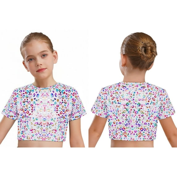 Kaerm Kids Girls Metallic Tees Leopard Print Hip Hop Ballet Dance Crop Tops Modern Jazz Performance T-Shirts Colorful 14-15