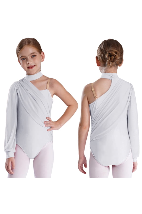 Kids Girls One Shoulder Gymnastics Leotard Lyrical Modern Ballet Dance Bodysuit Long Sleeve Jumpsuit White 12
