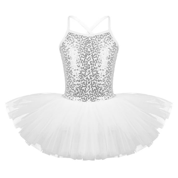 Kaerm Kids Girls Sequin Ballet Dance Dress Tutu Skirted Sparkly Straps Leotards Ballerina Outfit White 7-8