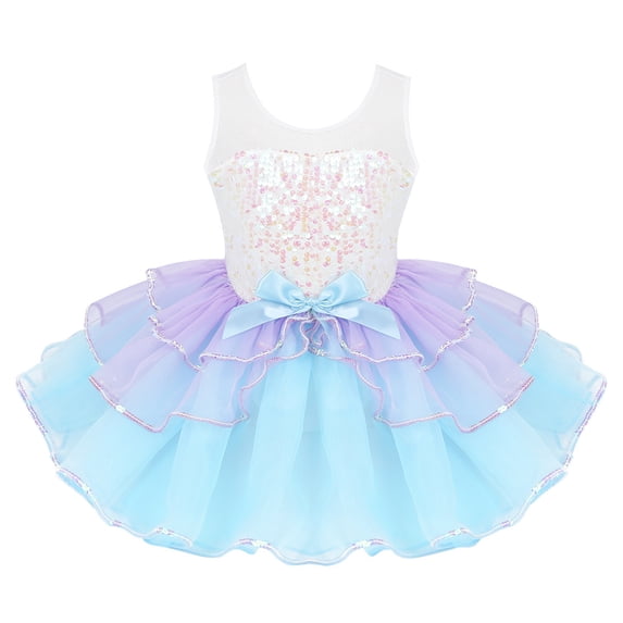 Kaerm Kids Girls Sequins Ballet Dance Dress Tiered Ruffled Tutu Skirted Leotard Princess Costumes Light Blue 3