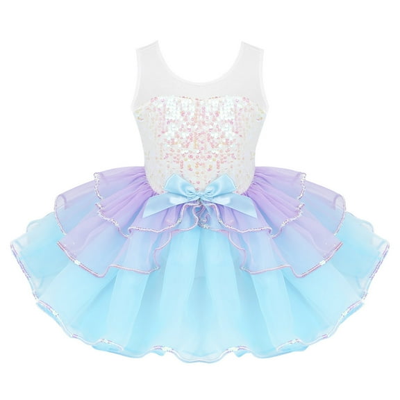 Kaerm Kids Girls Sequins Ballet Dance Dress Tiered Ruffled Tutu Skirted Leotard Princess Costumes Light Blue 4