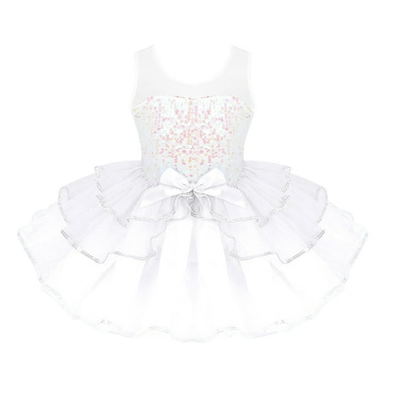 Kaerm Kids Girls Sequins Ballet Dance Dress Tiered Ruffled Tutu Skirted Leotard Princess Costumes White 3
