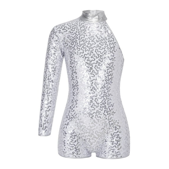 Kaerm Kids Girls Sequins Single Long Sleeves Ballet Gymnastic Leotard Shorts Biketard Unitard Jazz Silver 16