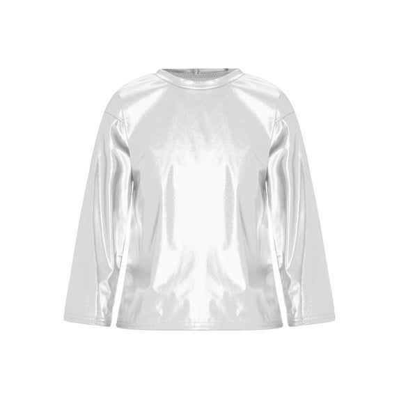 Kaerm Kids Girls Shiny Metallic Dance Tops T-Shirt 70s Disco Party Jazz Hip Hop Dance Costumes Silver 15-16