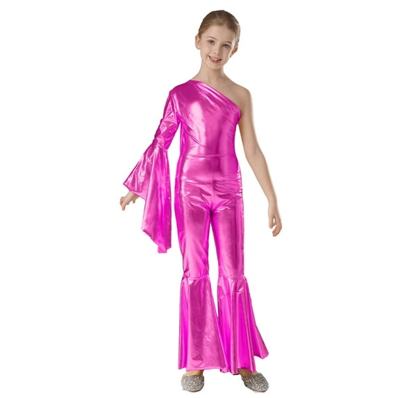 Kaerm Kids Girls Shiny Metallic Unitard One Shoulder Flare Sleeve Bodysuit Dance Jumpsuit Prom Hot Pink 12