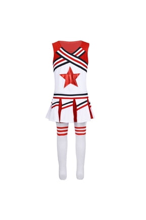 Kids Girls Shiny Star School Cheerleading Uniform Shell Top with Pleated Skirts for Cosplay Red 11-12