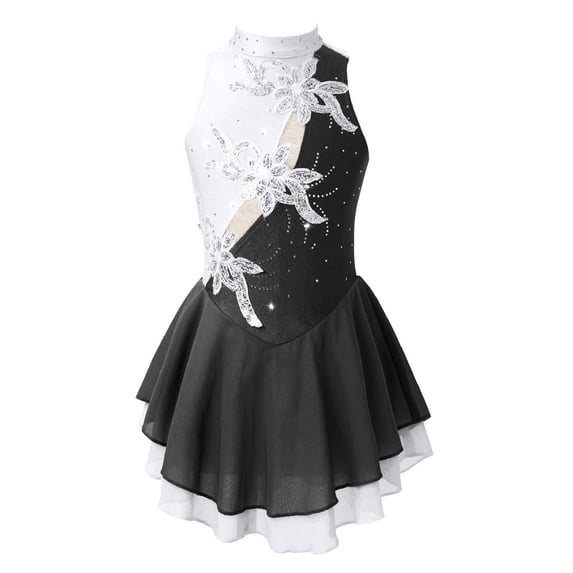 Kaerm Kids Girls Sleeveless Mock Neck Chiffon Skating Dress Rhinestone Patchwork Dance Fancy Dress up Black 14