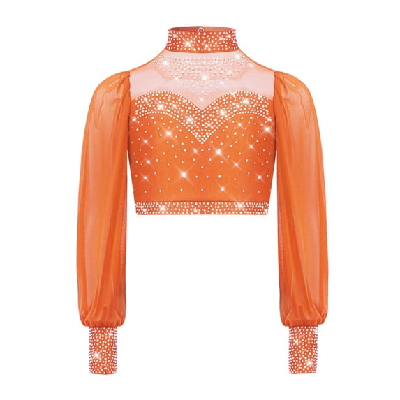 Kaerm Kids Girls Sparkly Latin Jazz Dance Crop Top Rhinestone Modern Lyrical Contemporary Dancewear Orange 16