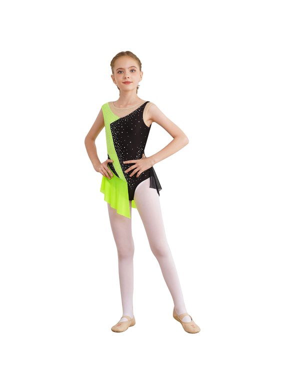 Kids Girls Sparkly Sleeveless Mesh Splice Gymnastics Leotard Figure Skating Jumpsuit Biketard Unitard Fluorescent Yellow 8