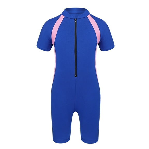 Kaerm Kids Girls Swimsuit One Piece Rash Guard Swimwear Short Sleeve Zippered Wetsuit Bathing Suit Blue 12