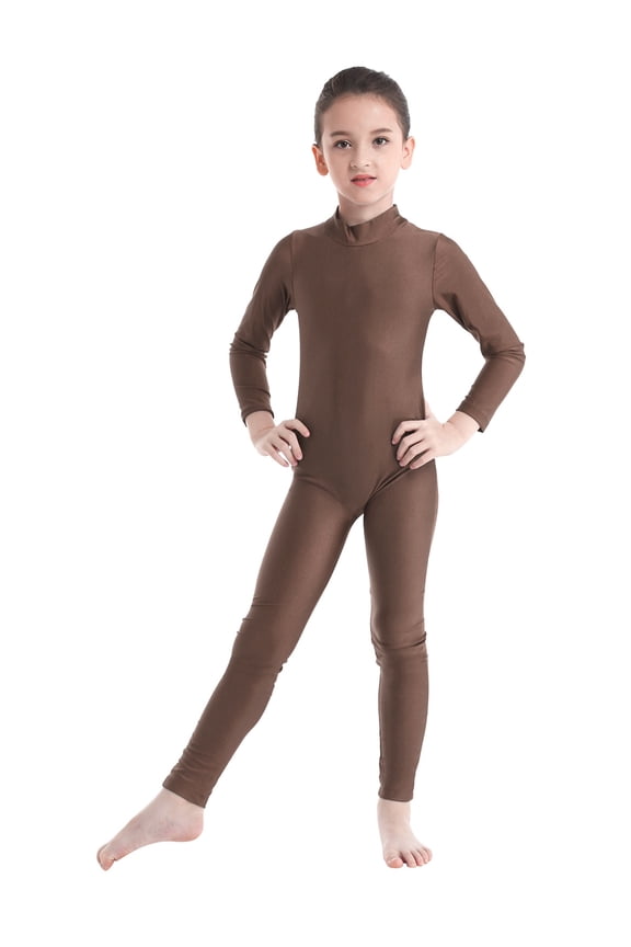 Kids Girls Turtleneck Long Sleeve Unitards One Piece Full Body Gymnastics Dance Leotard Brown 3-4